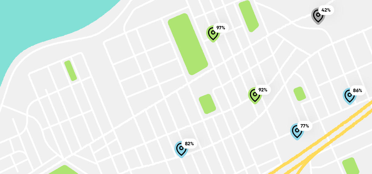 Carte des emplacements avec indices d'écoresponsabilité